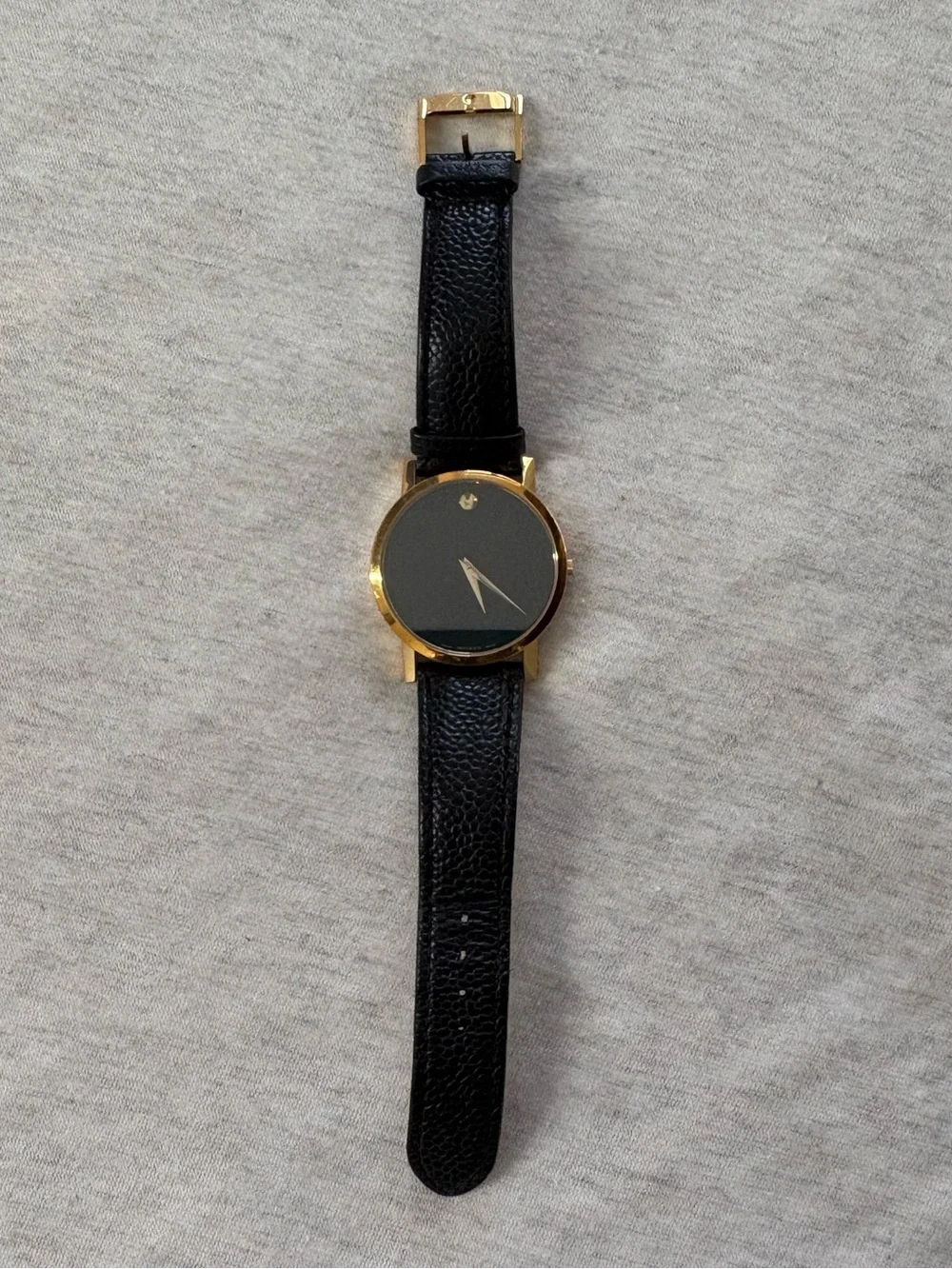 movado Gold Case Black Dial Leather Strap Watch